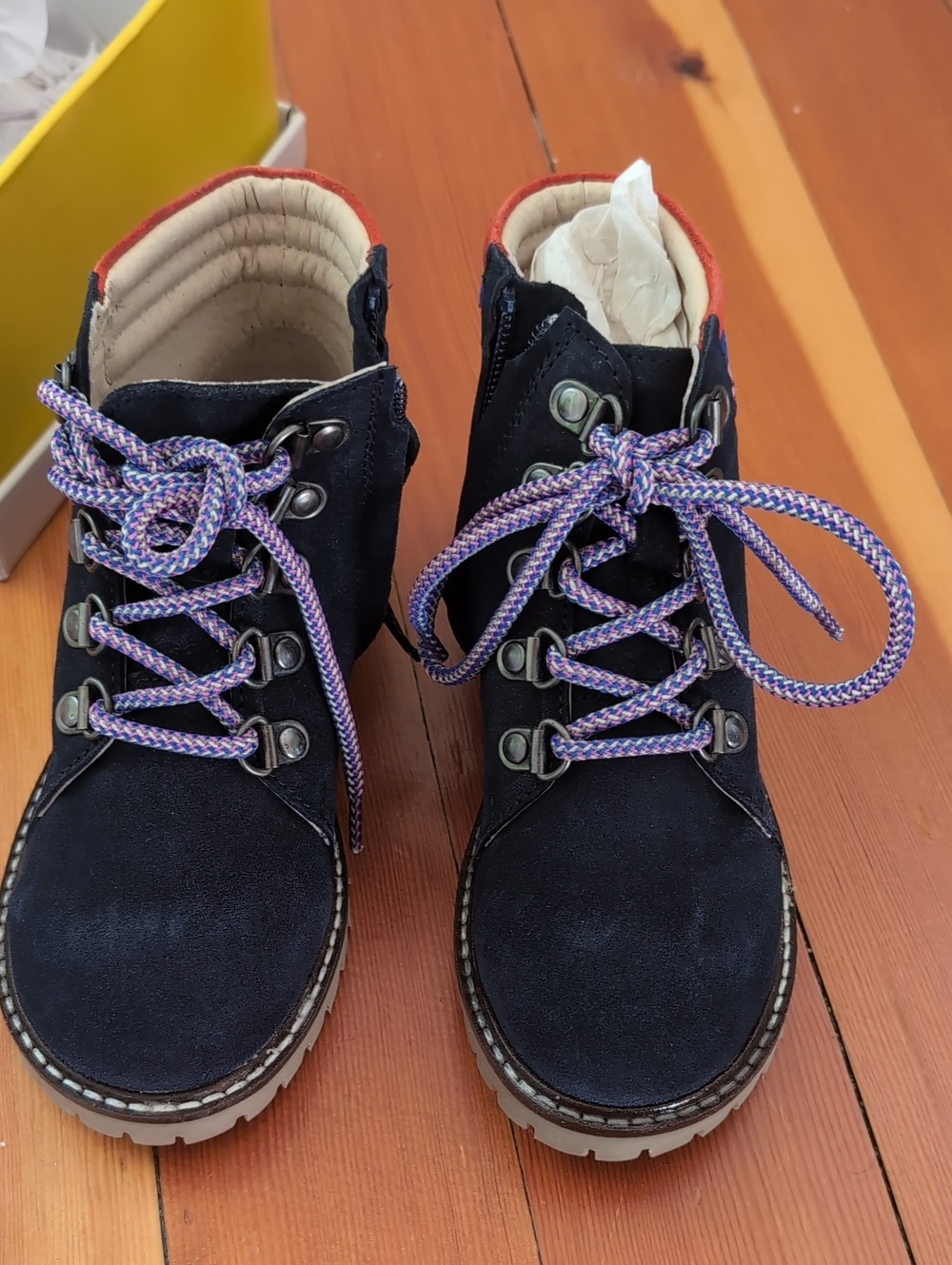 Mini Boden Navy Suede Boots with Purple-Accent Laces
